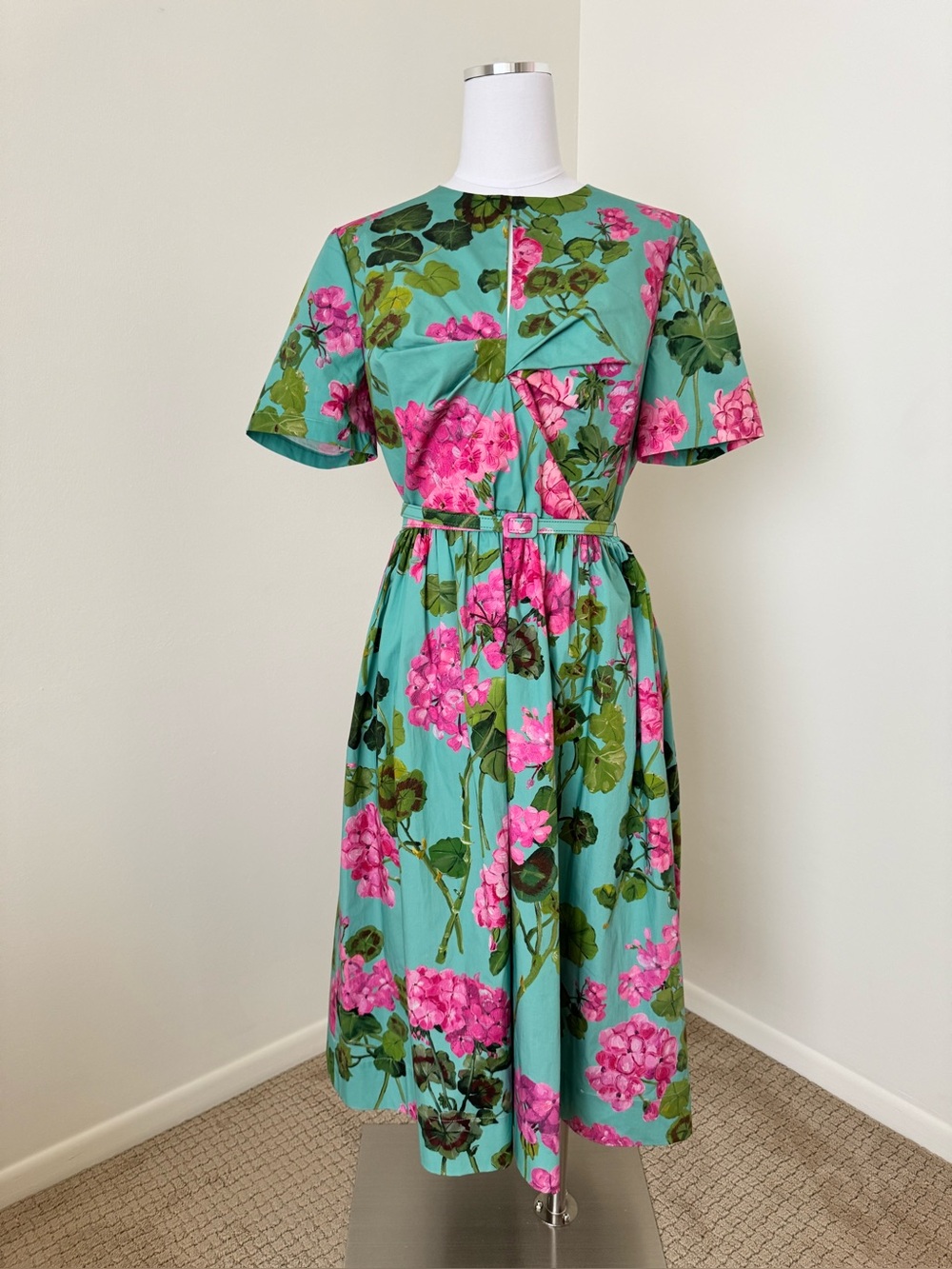 Oscar de la Renta Floral Belted Midi Dress in Teal and Pink with belt